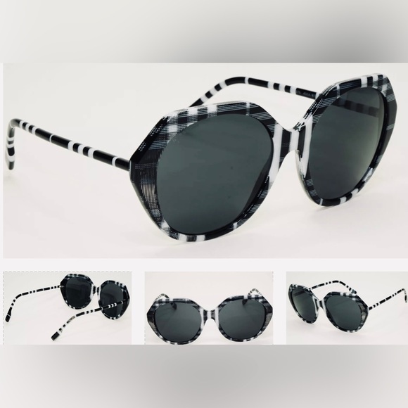 BURBERRY OVERSIZED BLACK AND WHITE CHECK PATTERN SUNGLASSES - Picture 3 of 16